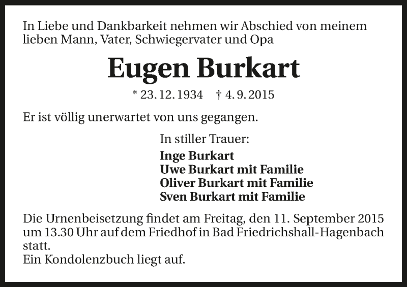  Traueranzeige für Eugen Burkart vom 09.09.2015 aus 