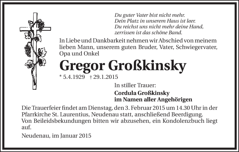  Traueranzeige für Gregor Großkinsky vom 02.02.2015 aus 