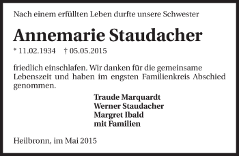 Traueranzeige von Annemarie Staudacher 