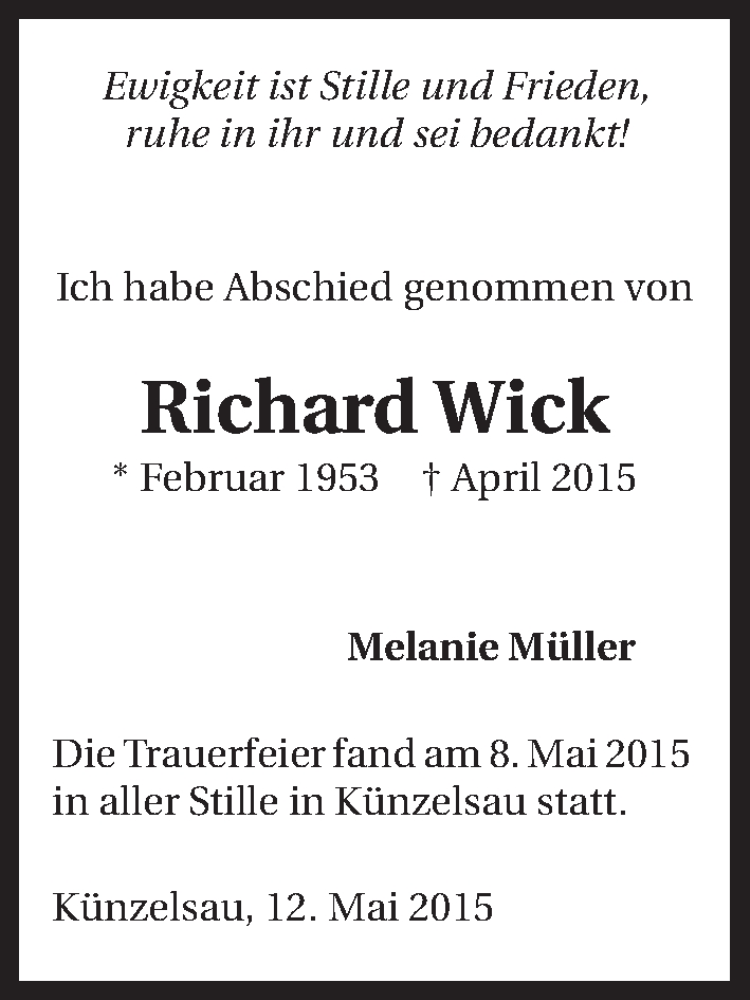  Traueranzeige für Richard Wick vom 12.05.2015 aus 