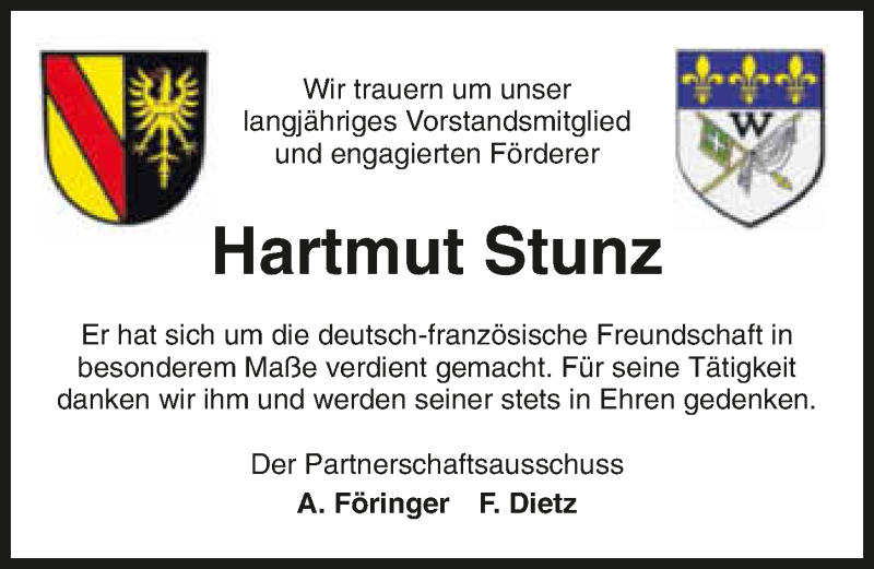  Traueranzeige für Hartmut Stunz vom 08.01.2016 aus 