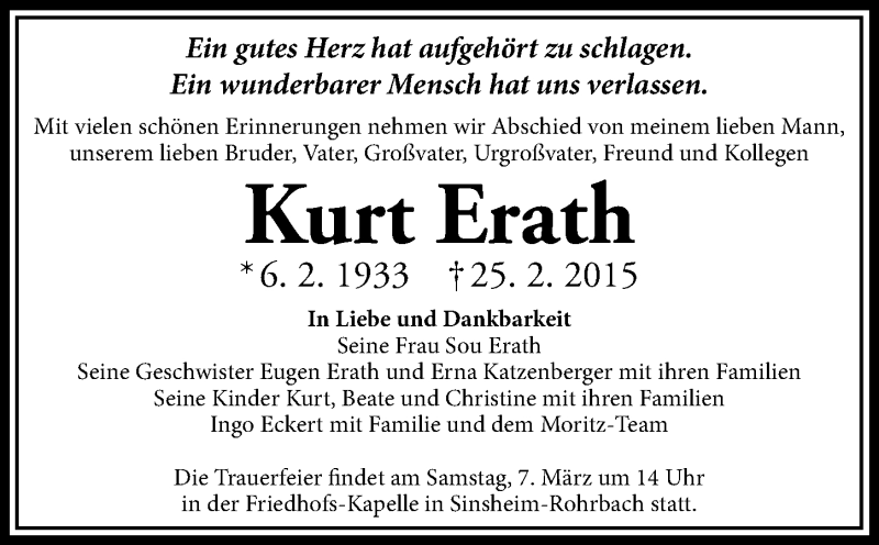  Traueranzeige für Kurt Erath vom 02.03.2015 aus 