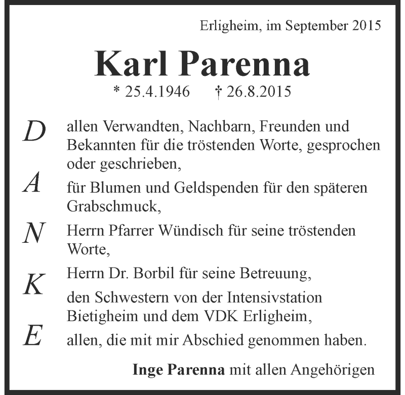  Traueranzeige für Karl Parenna vom 18.09.2015 aus 