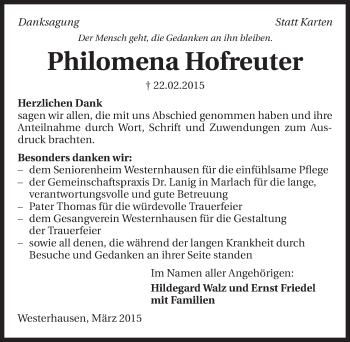 Traueranzeige von Philomena Hofreuter 