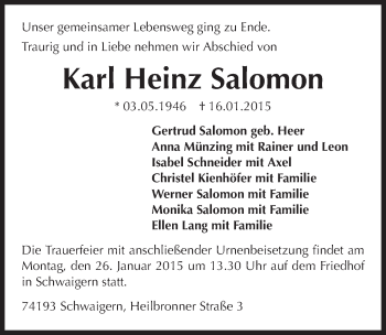 Traueranzeige von Karl Heinz Salomon 
