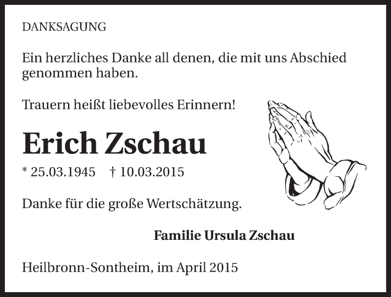  Traueranzeige für Erich Zschau vom 02.04.2015 aus 