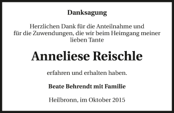 Traueranzeige von Anneliese Reischle 