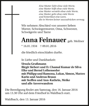 Traueranzeige von Anna Feinauer 