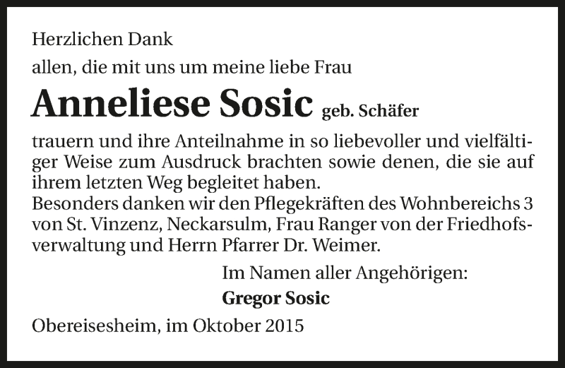  Traueranzeige für Anneliese Sosic vom 24.10.2015 aus 