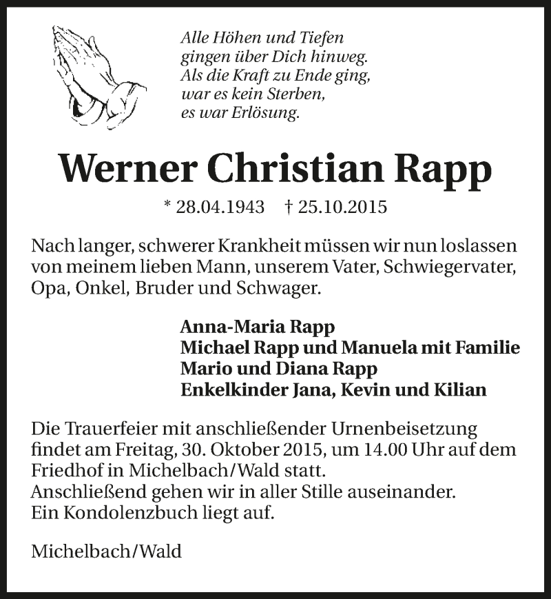  Traueranzeige für Werner Christian Rapp vom 28.10.2015 aus 