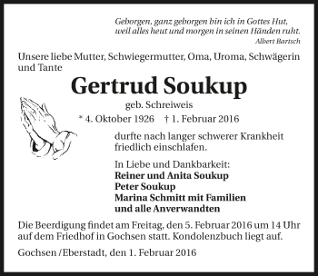 Traueranzeige von Gertrud Soukup 