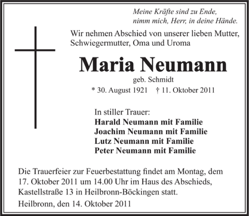  Traueranzeige für Maria Neumann vom 14.10.2011 aus 