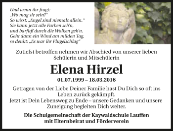 Traueranzeige von Elena Hirzel 