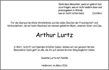 Traueranzeige von Arthur Lurtz 