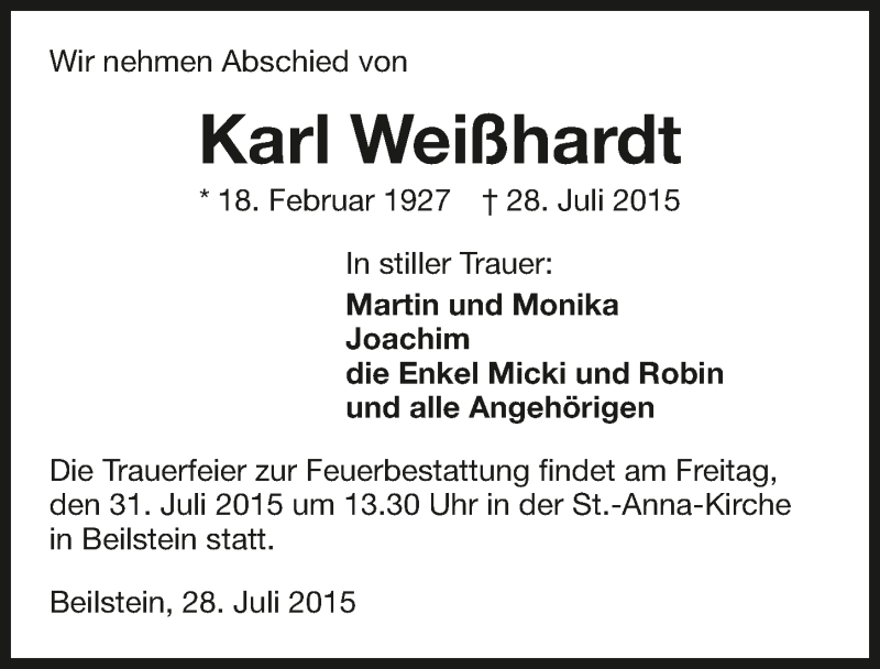  Traueranzeige für Karl Weißhardt vom 29.07.2015 aus 