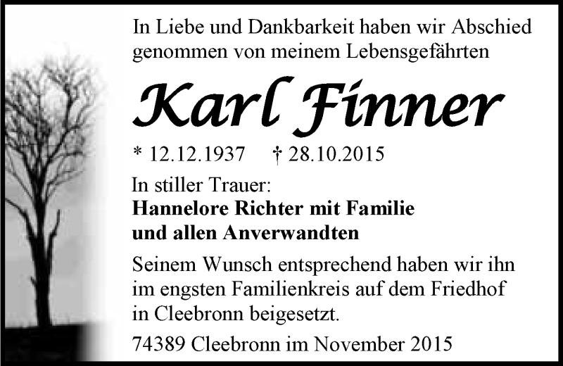  Traueranzeige für Karl Finner vom 07.11.2015 aus 