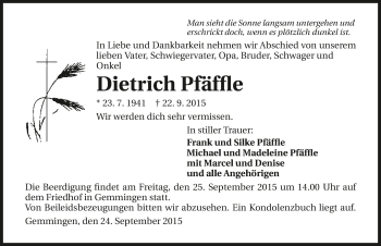 Traueranzeige von Dietrich Pfäffle 
