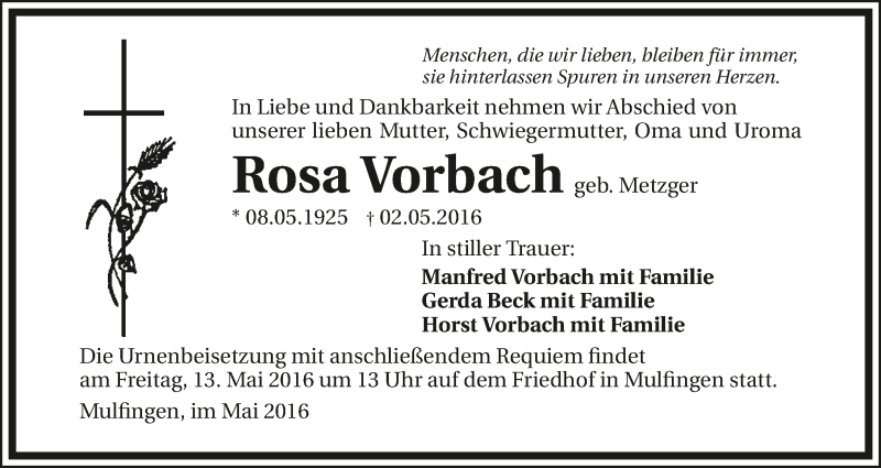  Traueranzeige für Rosa Vorbach vom 11.05.2016 aus 