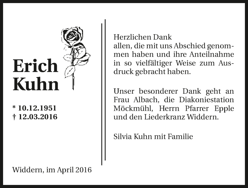  Traueranzeige für Erich Kuhn vom 02.04.2016 aus 