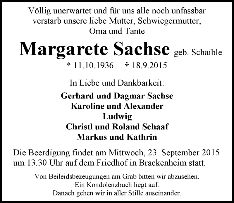  Traueranzeige für Margarete Sachse vom 21.09.2015 aus 