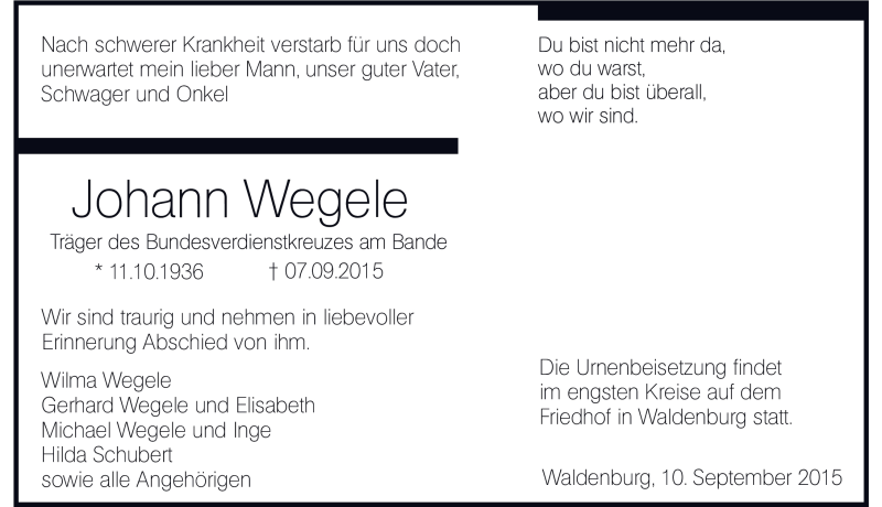  Traueranzeige für Johann Wegele vom 10.09.2015 aus 