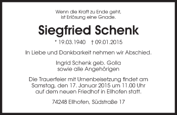 Traueranzeige von Siegfried Schenk 