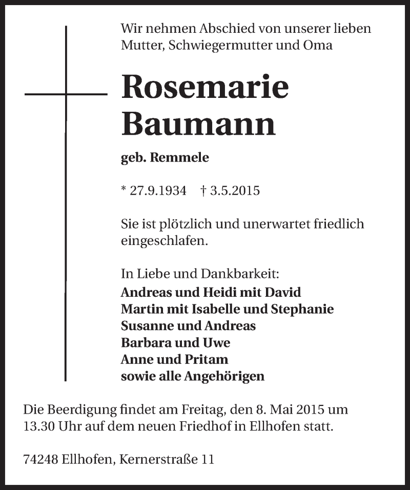  Traueranzeige für Rosemarie Baumann vom 06.05.2015 aus 