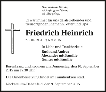 Traueranzeige von Friedrich Heinrich 