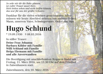Traueranzeige von Hugo Schlund 