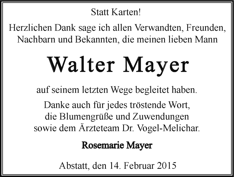  Traueranzeige für Walter Mayer vom 14.02.2015 aus 