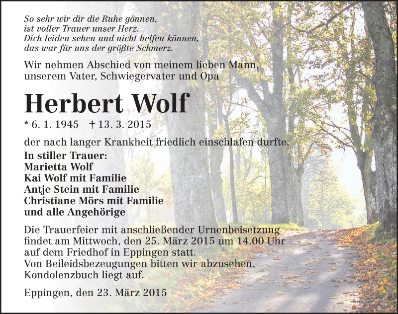  Traueranzeige für Herbert Wolf vom 23.03.2015 aus 