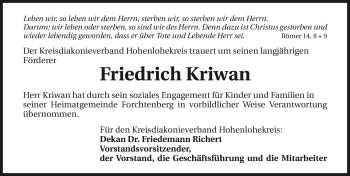Traueranzeige von Friedrich Kriwan 
