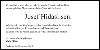 Traueranzeige von Josef Hidasi 
