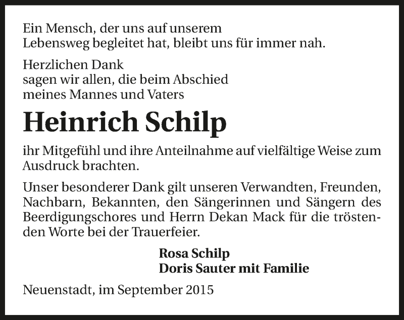  Traueranzeige für Heinrich Schilp vom 19.09.2015 aus 