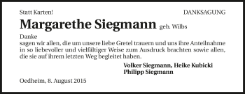 Traueranzeige von Margarethe Siegmann 