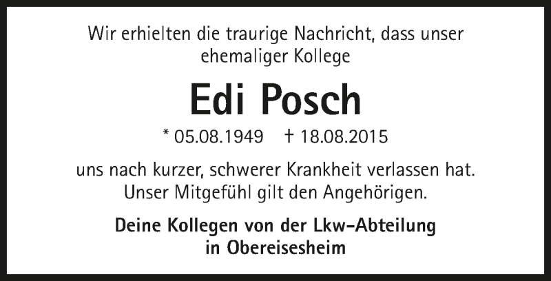  Traueranzeige für Edi Posch vom 21.08.2015 aus 