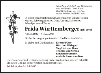 Traueranzeige von Frida Württemberger 