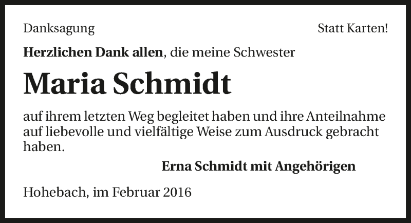 Traueranzeige für Erna Schmidt vom 06.02.2016 aus 