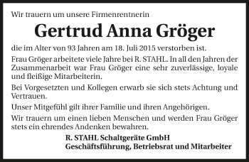 Traueranzeige von Gertrud Anna Gröger 