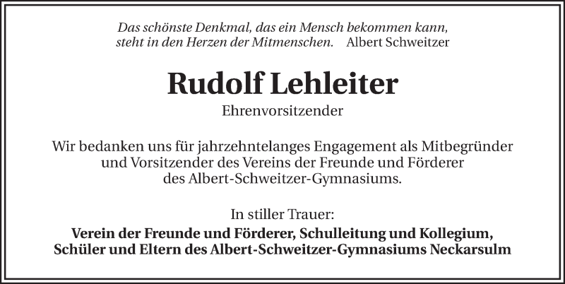  Traueranzeige für Rudolf Lehleiter vom 17.02.2015 aus 