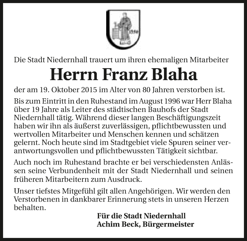  Traueranzeige für Franz Blaha vom 22.10.2015 aus 