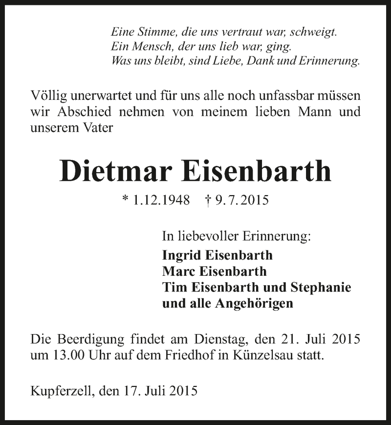  Traueranzeige für Dietmar Eisenbarth vom 17.07.2015 aus 