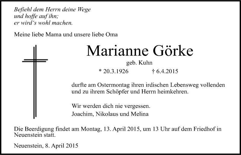  Traueranzeige für Marianne Görke vom 08.04.2015 aus 