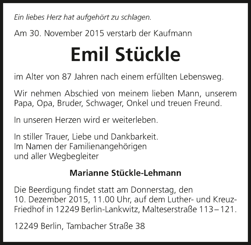  Traueranzeige für Emil Stückle vom 04.12.2015 aus 