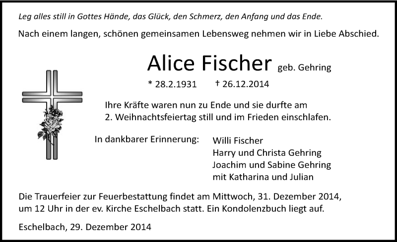  Traueranzeige für Alice Fischer vom 29.12.2014 aus 