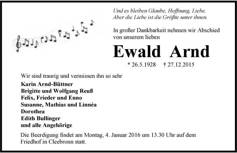  Traueranzeige für Ewald Arnd vom 30.12.2015 aus 