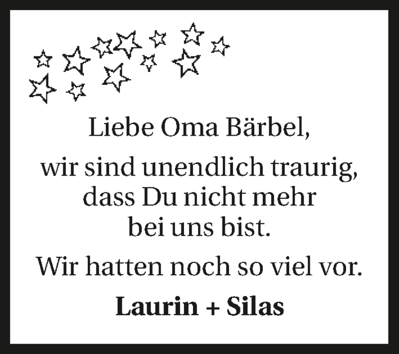  Traueranzeige für Bärbel  vom 06.10.2015 aus 