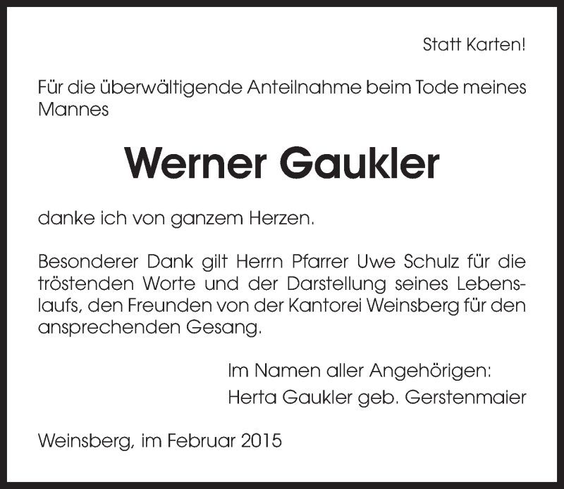  Traueranzeige für Werner Gaukler vom 11.02.2015 aus 