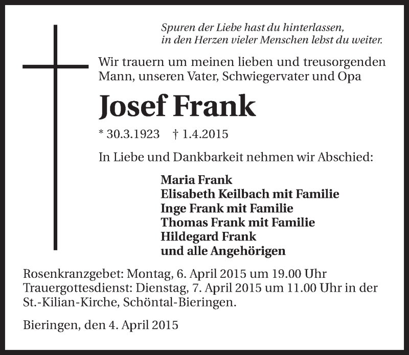  Traueranzeige für Josef Frank vom 04.04.2015 aus 