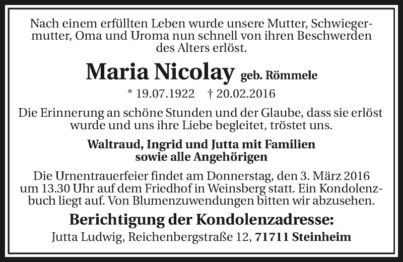  Traueranzeige für Maria Nicolay vom 01.03.2016 aus 